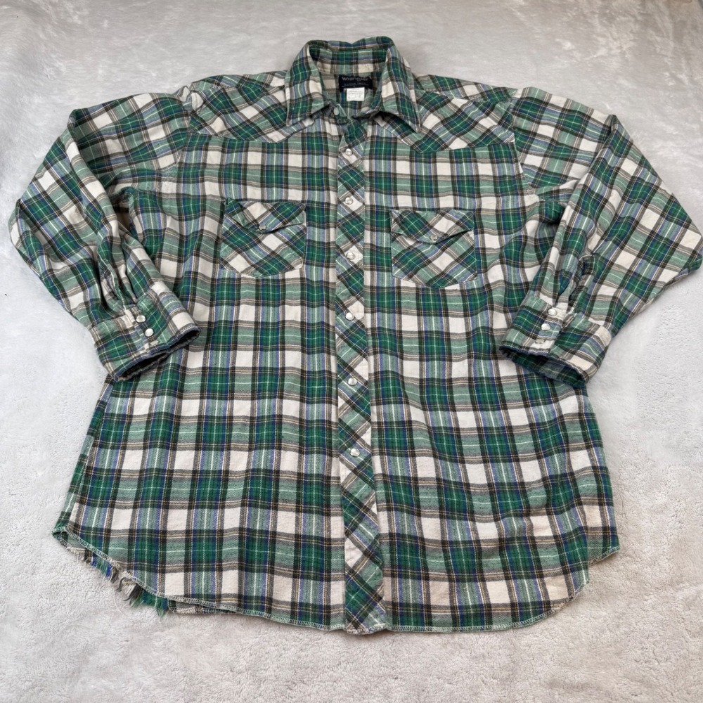 Wrangler X Long Tails Plaid Western Shirt‎ Men's Large Green Blue White